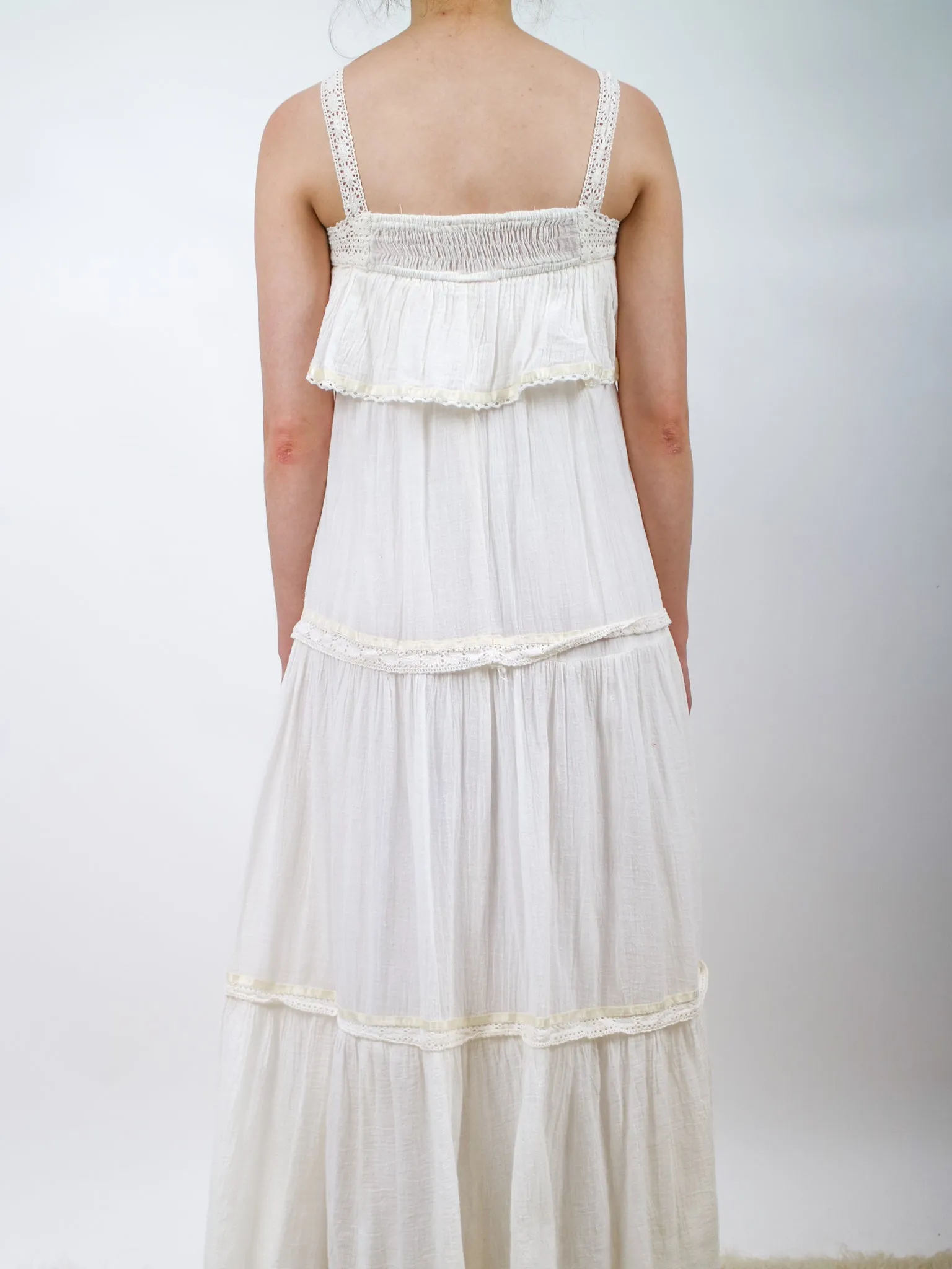 1970s White Gauzy Tiered Maxi Dress
