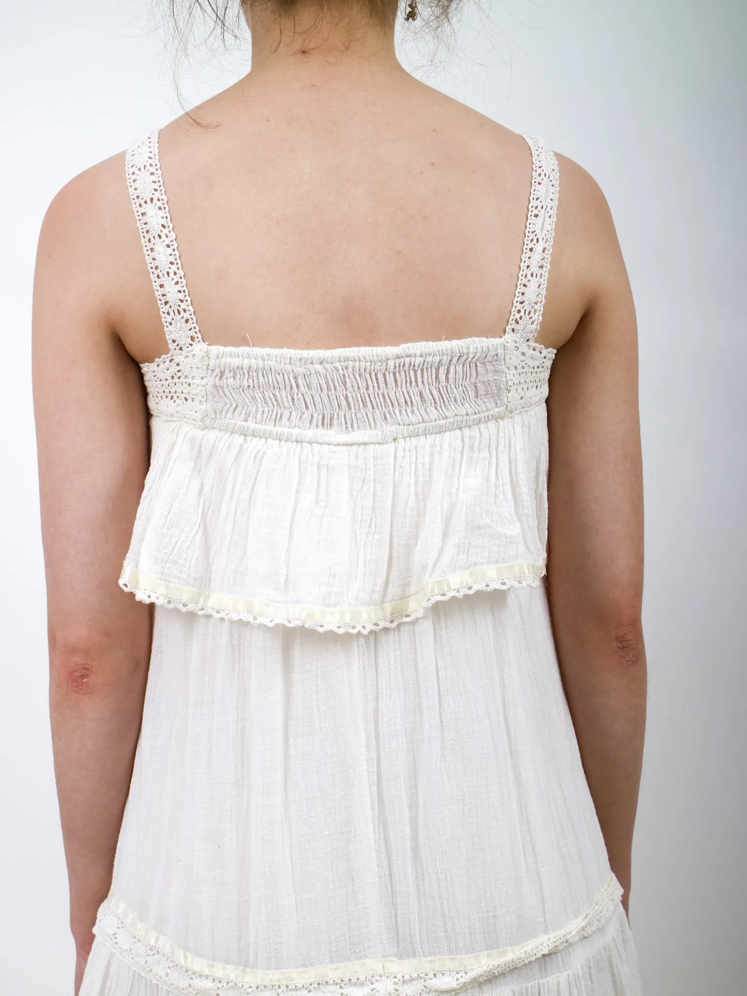 1970s White Gauzy Tiered Maxi Dress