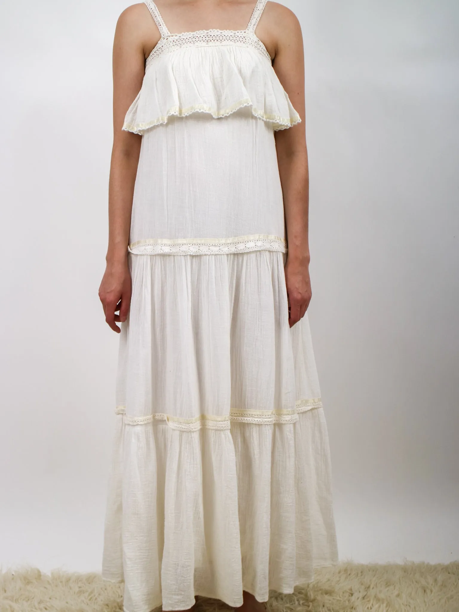 1970s White Gauzy Tiered Maxi Dress