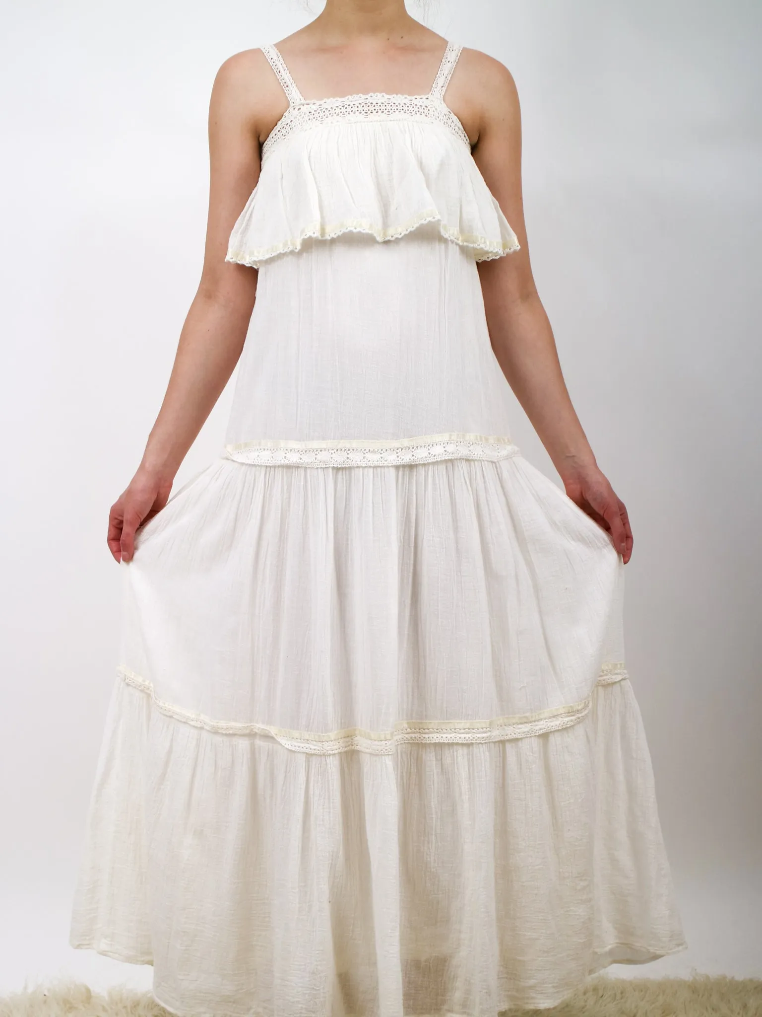 1970s White Gauzy Tiered Maxi Dress