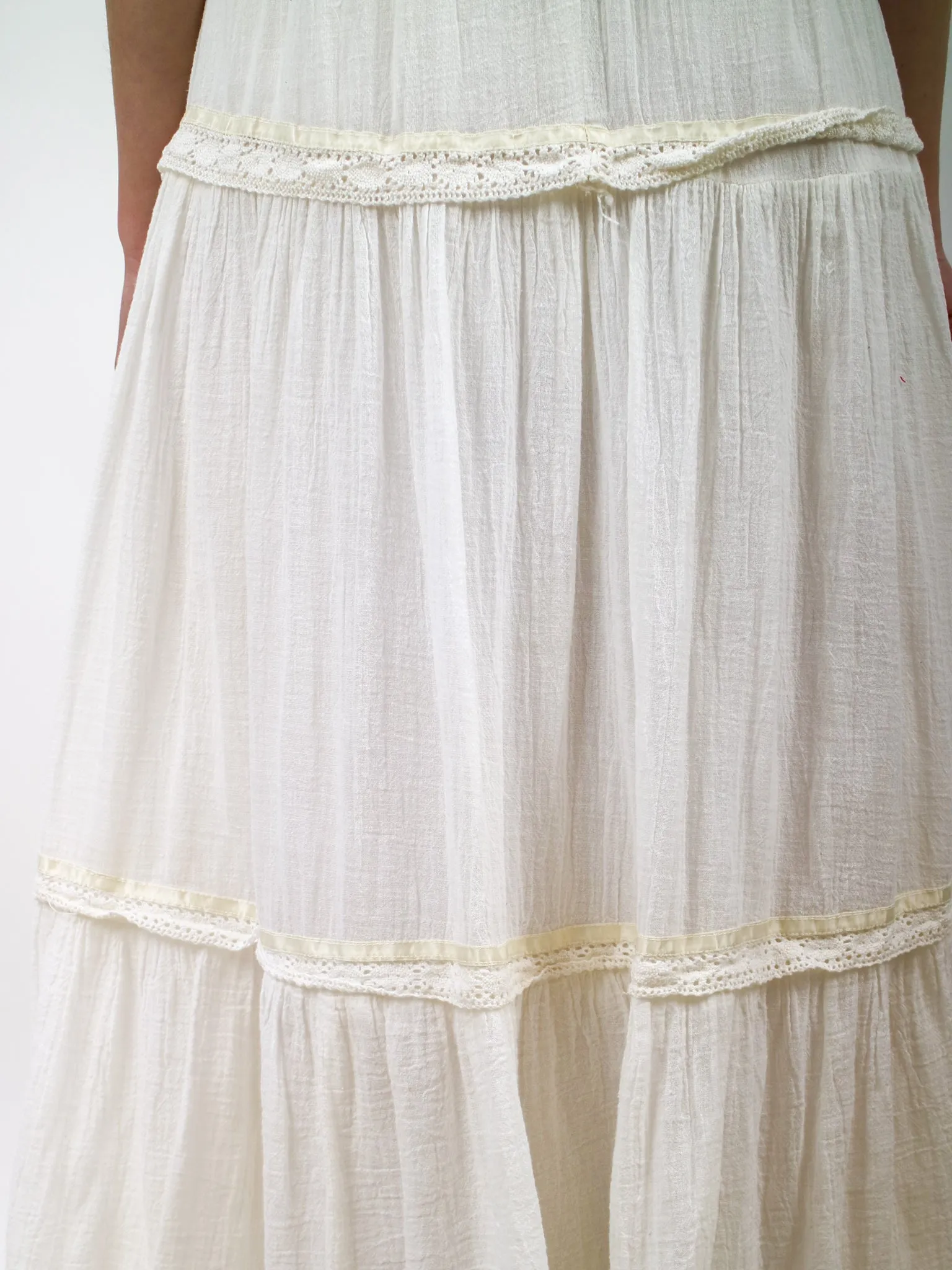 1970s White Gauzy Tiered Maxi Dress