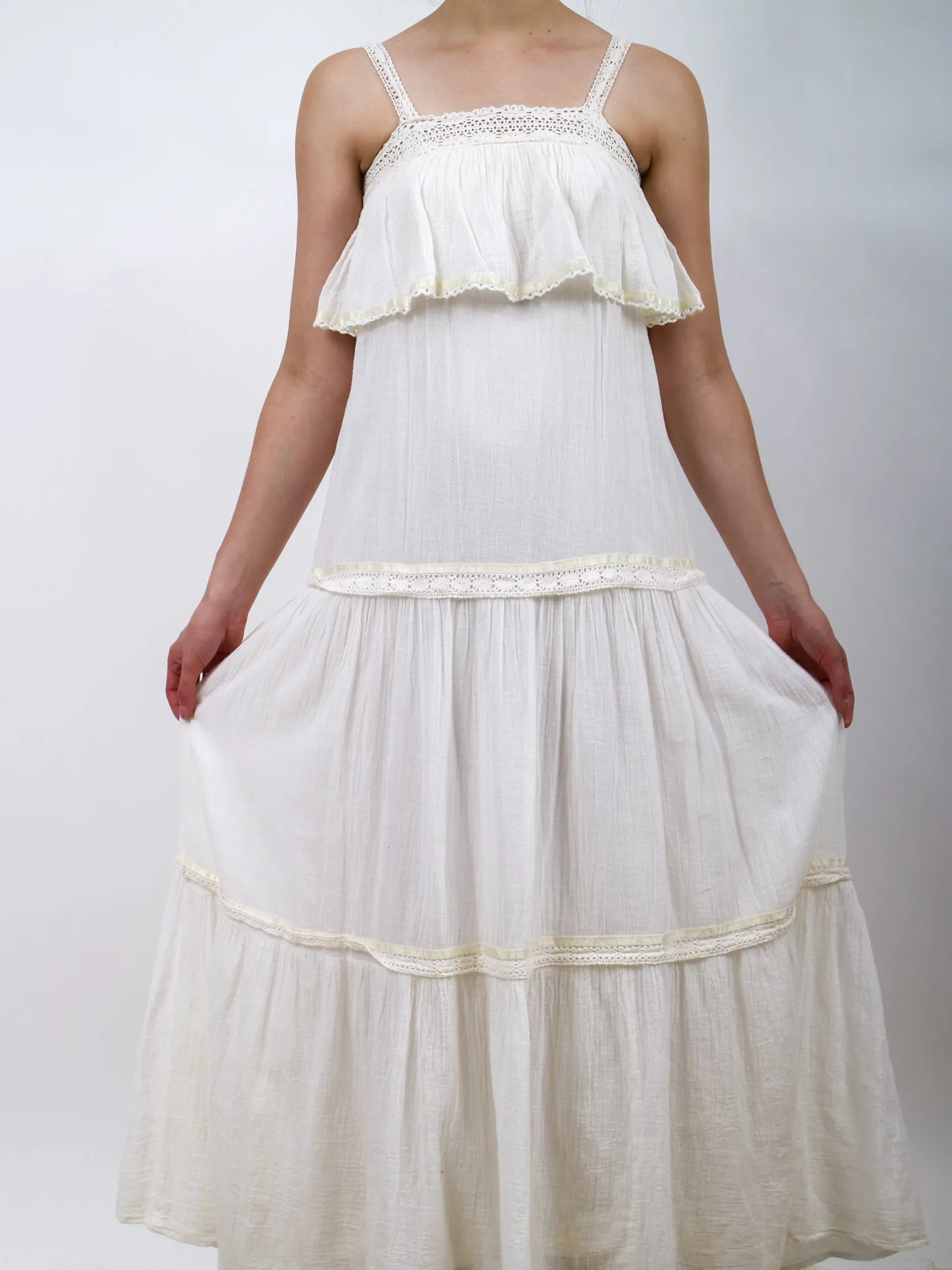 1970s White Gauzy Tiered Maxi Dress