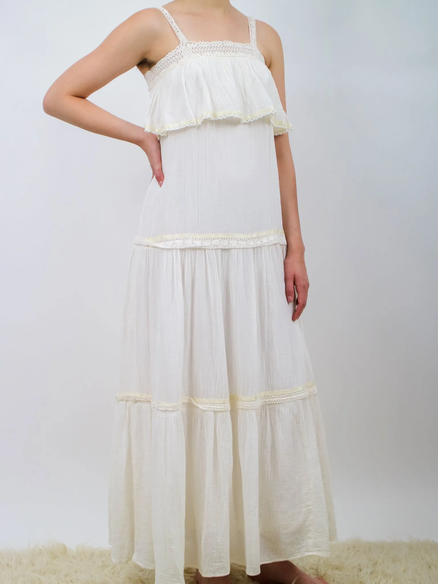 1970s White Gauzy Tiered Maxi Dress