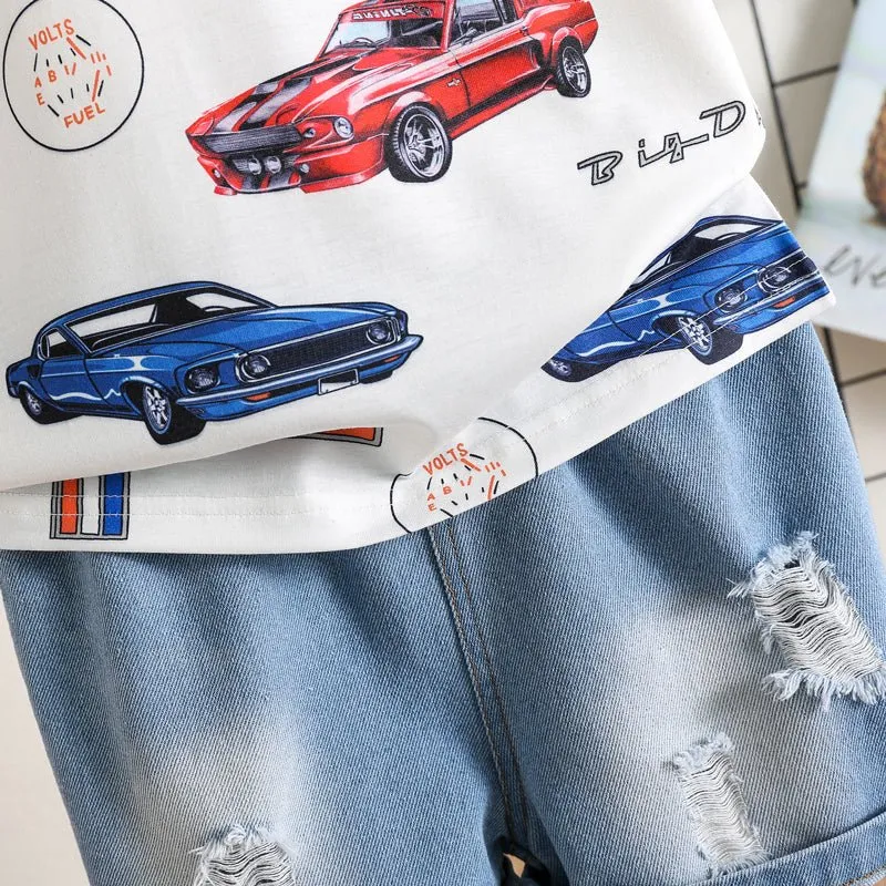 2pcs Toddler Boy Car Print Short-sleeve Tee and Ripped Denim Shorts Set