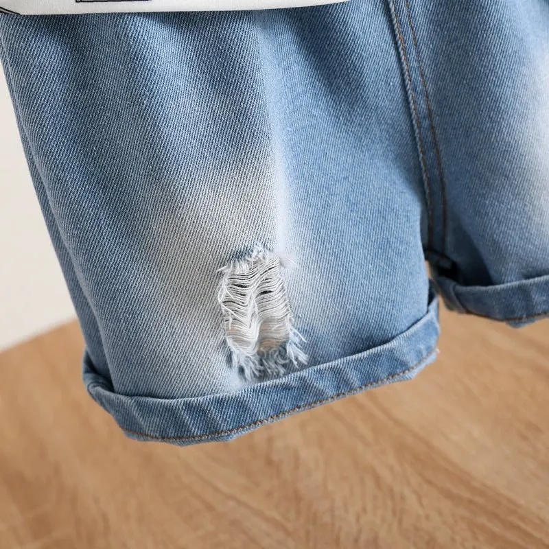 2pcs Toddler Boy Car Print Short-sleeve Tee and Ripped Denim Shorts Set
