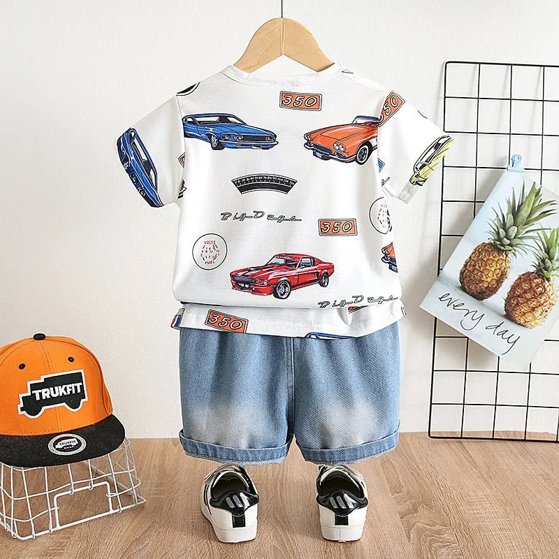 2pcs Toddler Boy Car Print Short-sleeve Tee and Ripped Denim Shorts Set