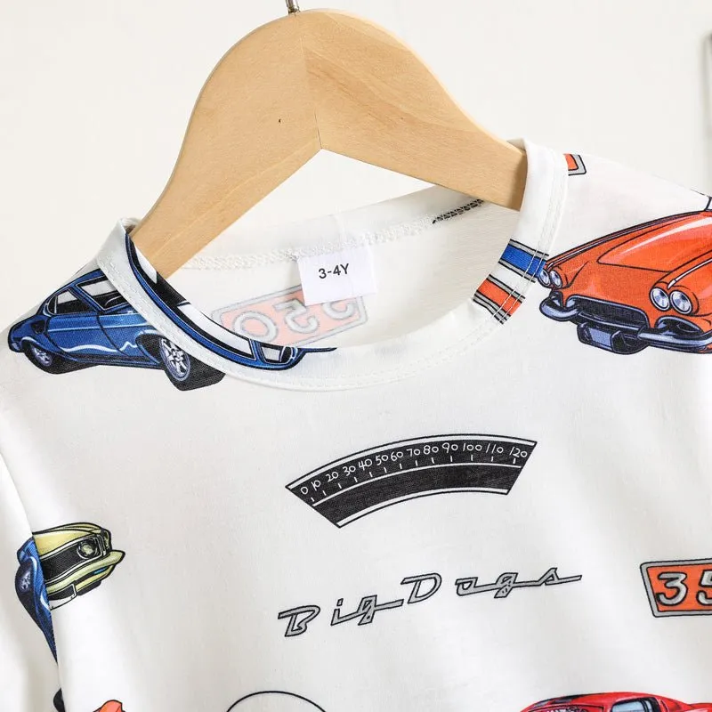 2pcs Toddler Boy Car Print Short-sleeve Tee and Ripped Denim Shorts Set