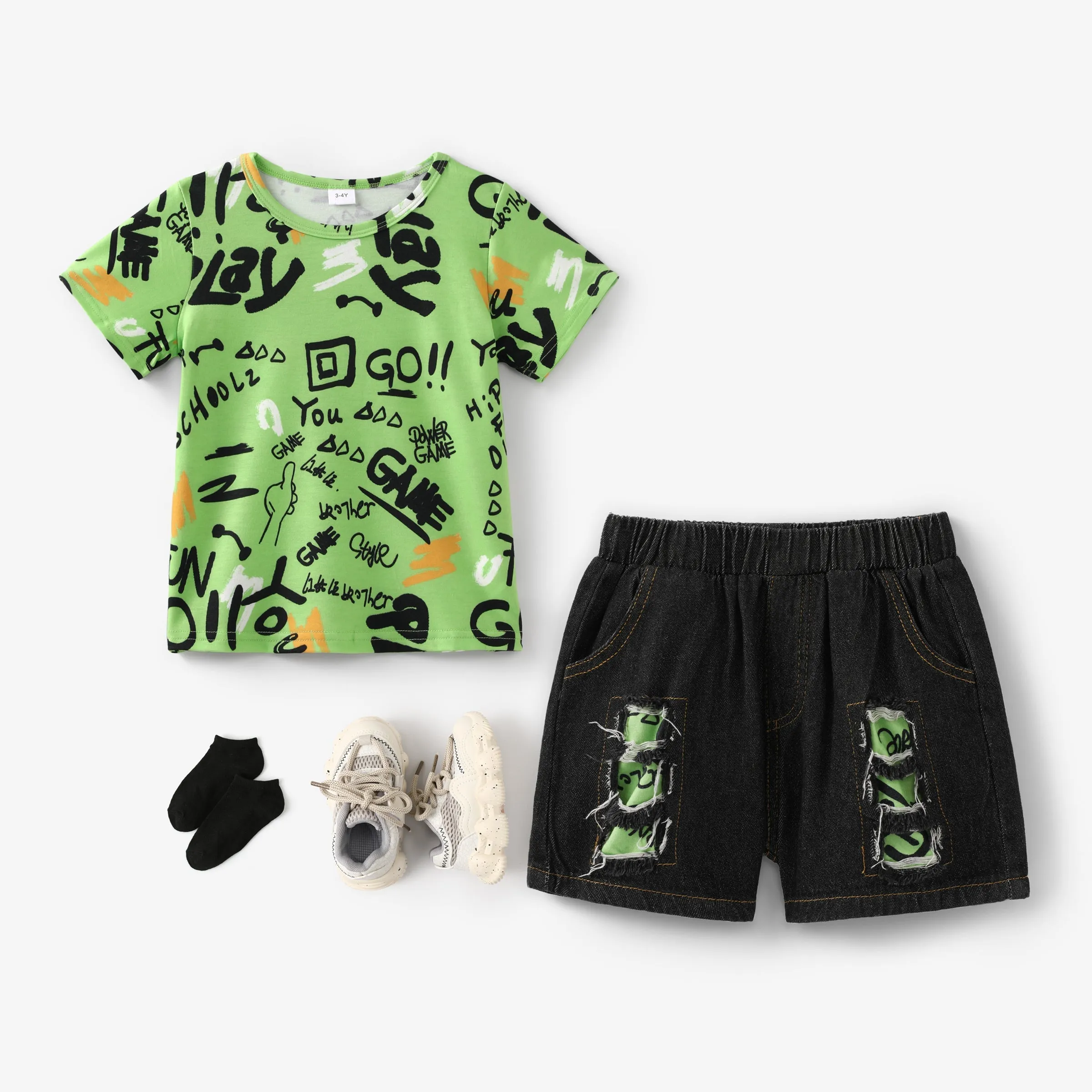 2pcs Toddler Boy Trendy Ripped Denim Shorts and Letter Print Tee Set
