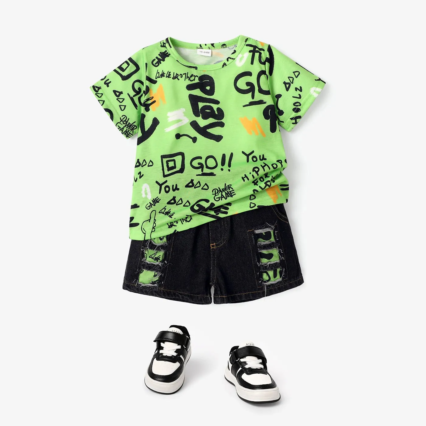 2pcs Toddler Boy Trendy Ripped Denim Shorts and Letter Print Tee Set