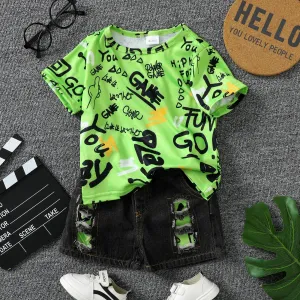 2pcs Toddler Boy Trendy Ripped Denim Shorts and Letter Print Tee Set