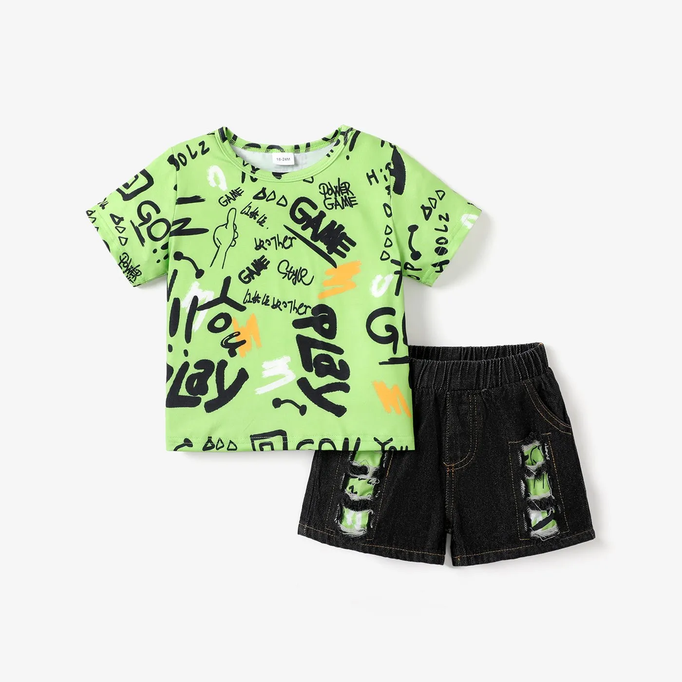 2pcs Toddler Boy Trendy Ripped Denim Shorts and Letter Print Tee Set