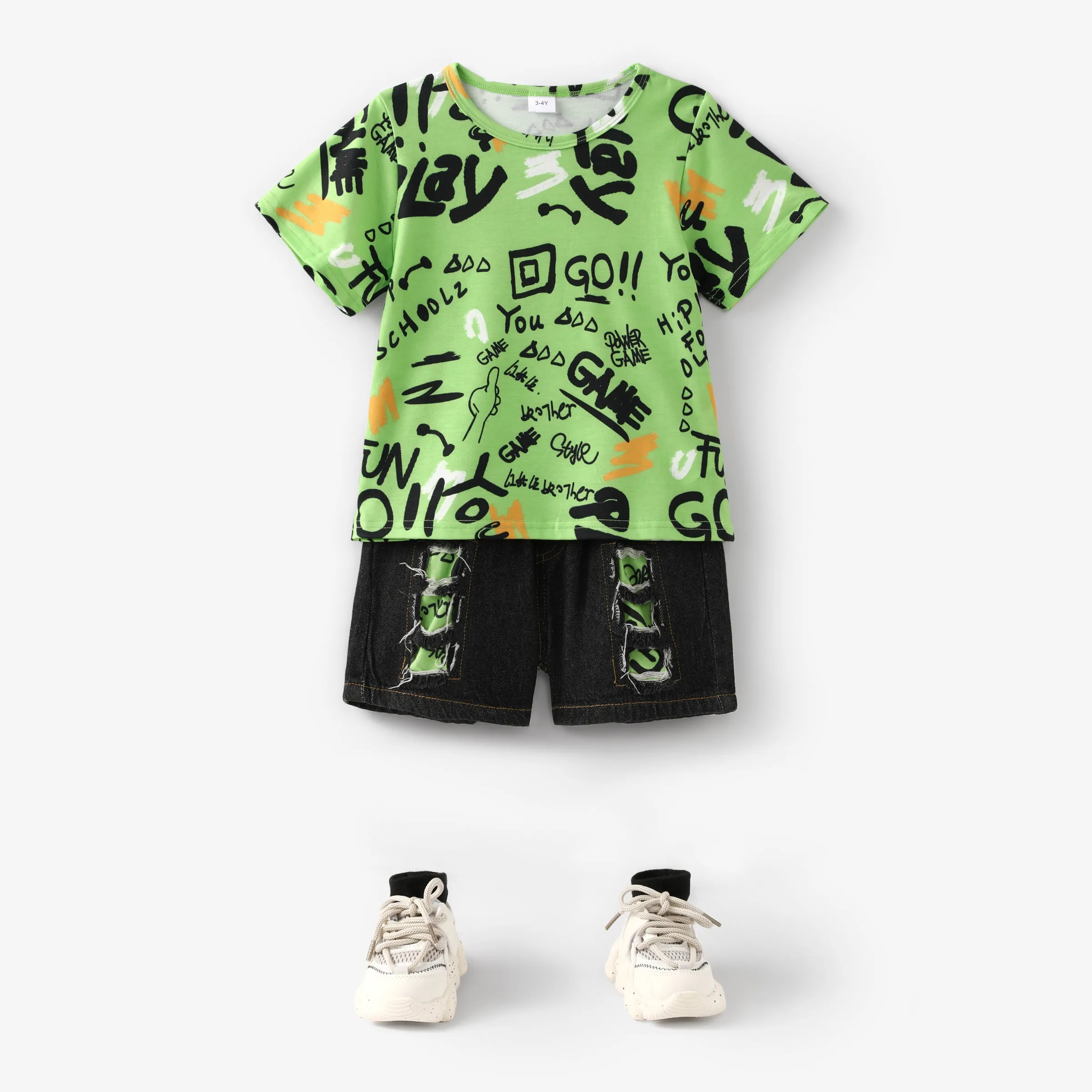 2pcs Toddler Boy Trendy Ripped Denim Shorts and Letter Print Tee Set
