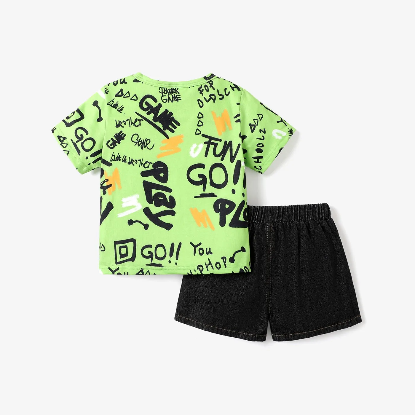 2pcs Toddler Boy Trendy Ripped Denim Shorts and Letter Print Tee Set