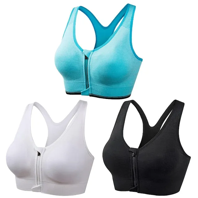 3 Pack Women's High Support Sports Bra Running Bra Seamless Zip Front Racerback Bra Top Padded Yoga Fitness Gym Workout Breathable Shockproof Quick Dry Khaki Black White Solid Colored