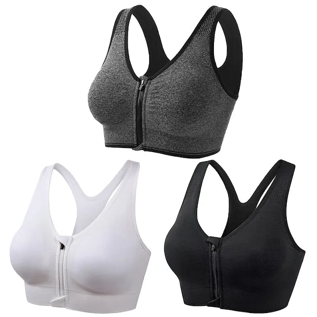 3 Pack Women's High Support Sports Bra Running Bra Seamless Zip Front Racerback Bra Top Padded Yoga Fitness Gym Workout Breathable Shockproof Quick Dry Khaki Black White Solid Colored
