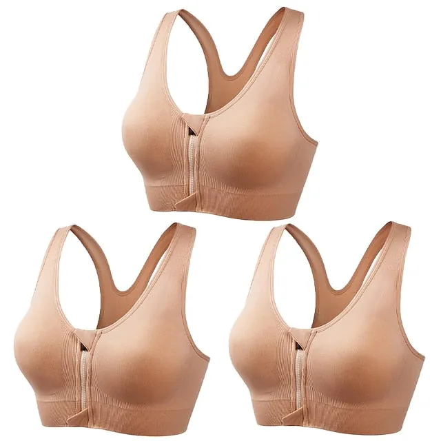 3 Pack Women's High Support Sports Bra Running Bra Seamless Zip Front Racerback Bra Top Padded Yoga Fitness Gym Workout Breathable Shockproof Quick Dry Khaki Black White Solid Colored