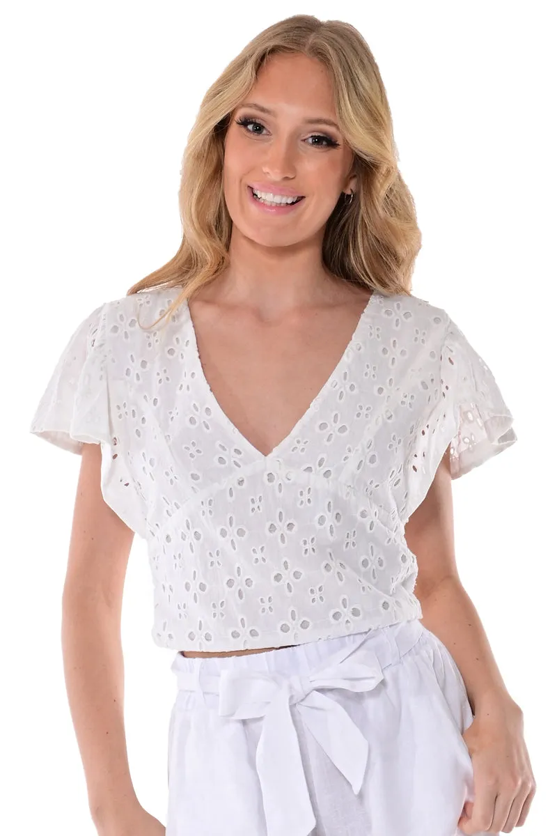 AZUCAR LADIES SOLID EYELET V-NECK BLOUSE - IN (2) COLORS - LCB1716