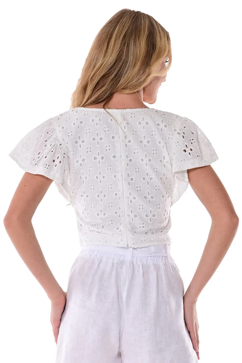 AZUCAR LADIES SOLID EYELET V-NECK BLOUSE - IN (2) COLORS - LCB1716