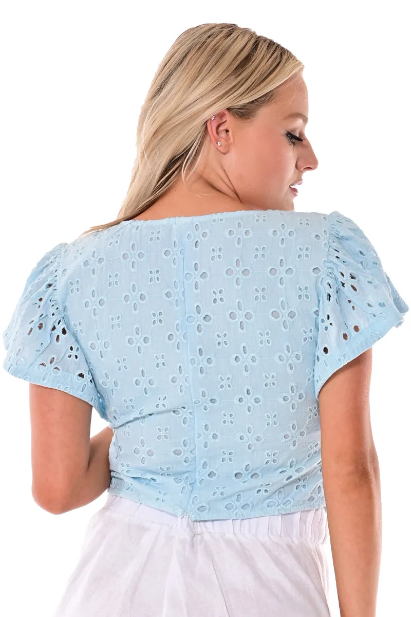 AZUCAR LADIES SOLID EYELET V-NECK BLOUSE - IN (2) COLORS - LCB1716