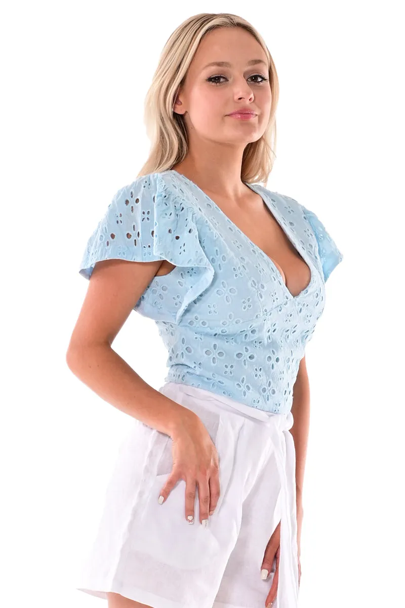 AZUCAR LADIES SOLID EYELET V-NECK BLOUSE - IN (2) COLORS - LCB1716
