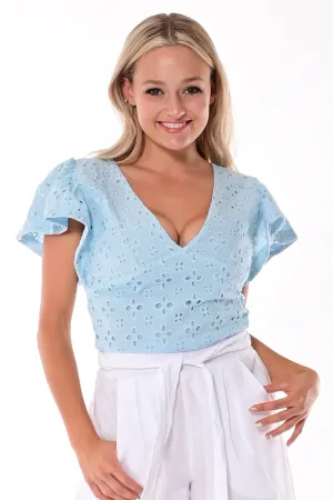 AZUCAR LADIES SOLID EYELET V-NECK BLOUSE - IN (2) COLORS - LCB1716