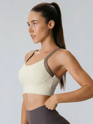 Beige Contrast Strap Sports Bra
