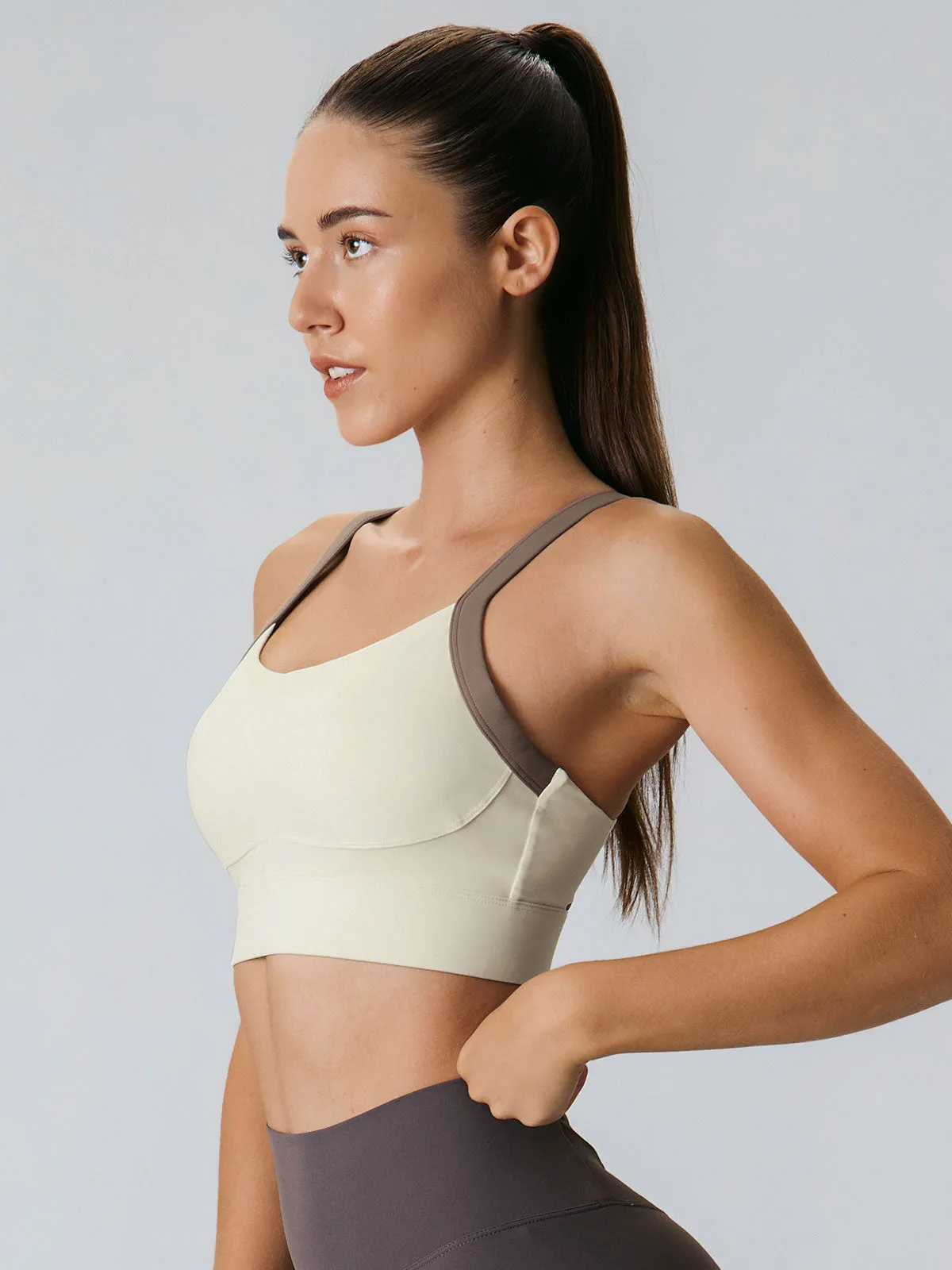 Beige Contrast Strap Sports Bra