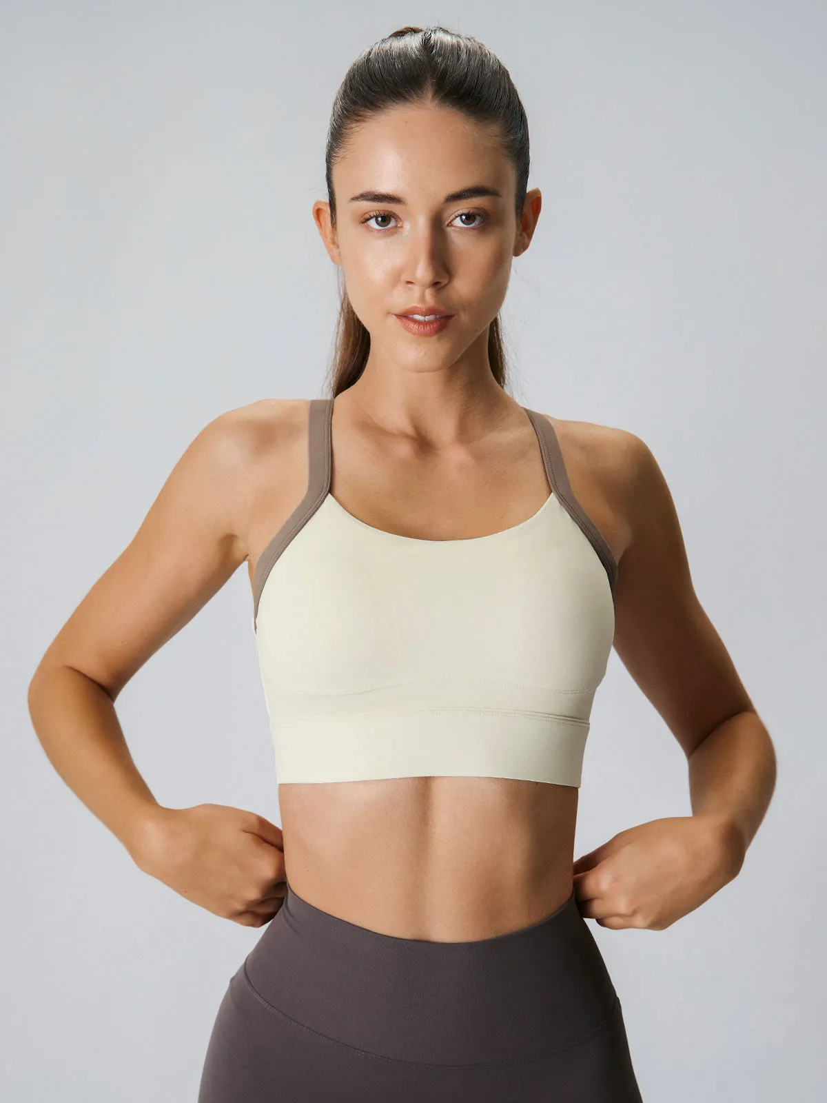 Beige Contrast Strap Sports Bra