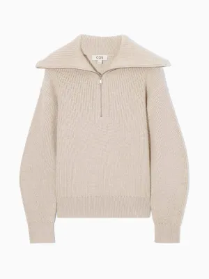 Beige wool and cotton half-zip jumper