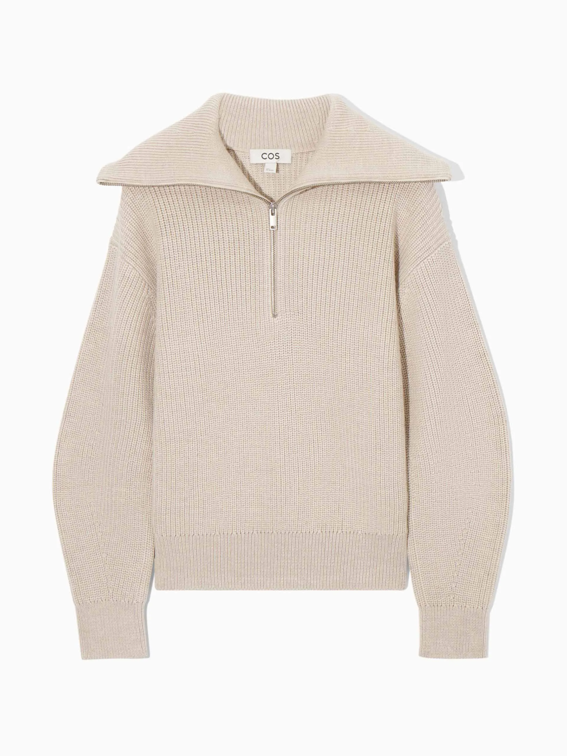 Beige wool and cotton half-zip jumper