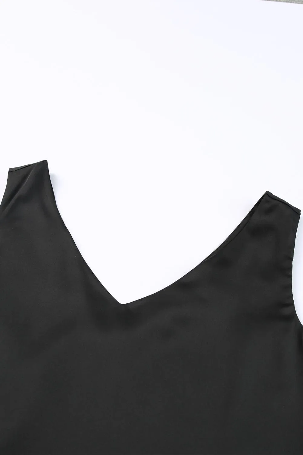 Black Sleeveless V Neck Knotted Blouse