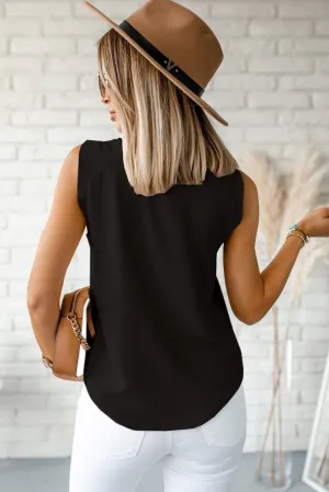 Black Sleeveless V Neck Knotted Blouse