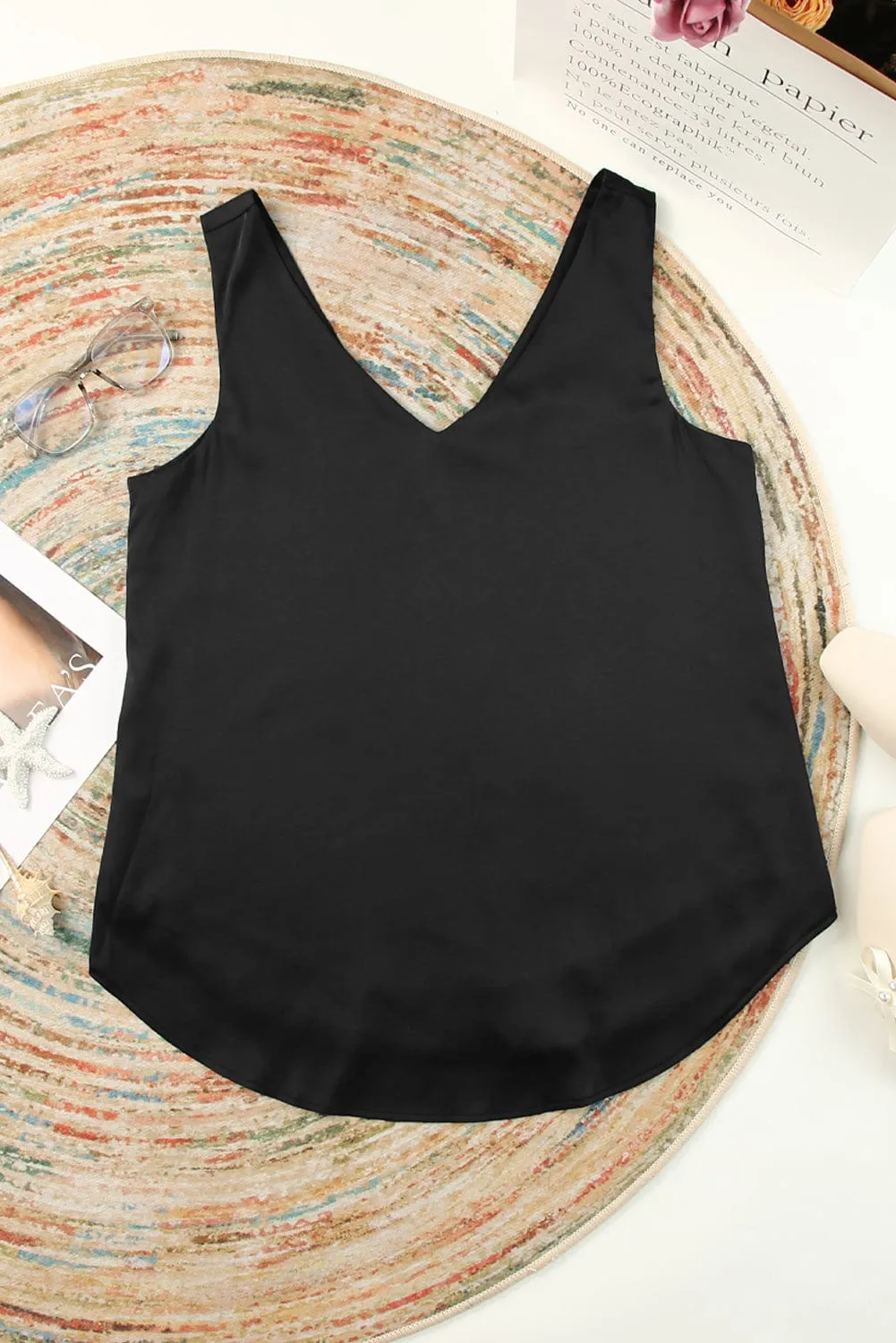 Black Sleeveless V Neck Knotted Blouse