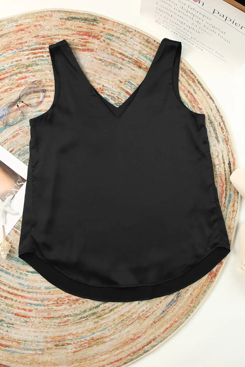 Black Sleeveless V Neck Knotted Blouse