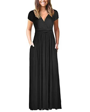 Black Summer Casual V Neck Short/Long Sleeve Floral Pattern Wrap Ladies Maxi Long Dress with Pockets - OUGES