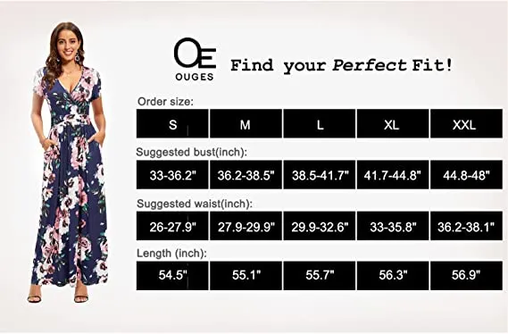 Black Summer Casual V Neck Short/Long Sleeve Floral Pattern Wrap Ladies Maxi Long Dress with Pockets - OUGES