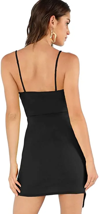 Black Tank Dress Women's Ruched Asymmetrical Deep V Neck Sleeveless Bodycon Tank Dress - Verdusa