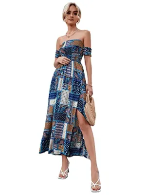 Blue Tribal Women's Boho Floral Print Off Shoulder Split Long A Line Dress - Floerns