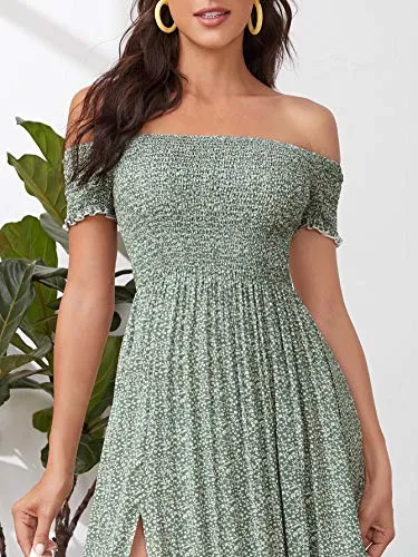 Blue Tribal Women's Boho Floral Print Off Shoulder Split Long A Line Dress - Floerns