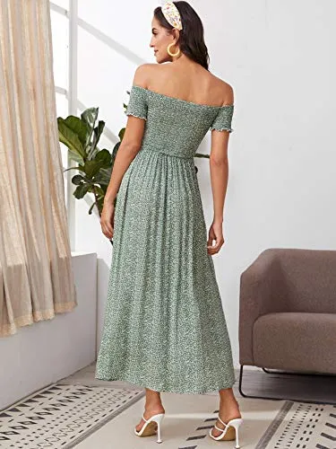 Blue Tribal Women's Boho Floral Print Off Shoulder Split Long A Line Dress - Floerns