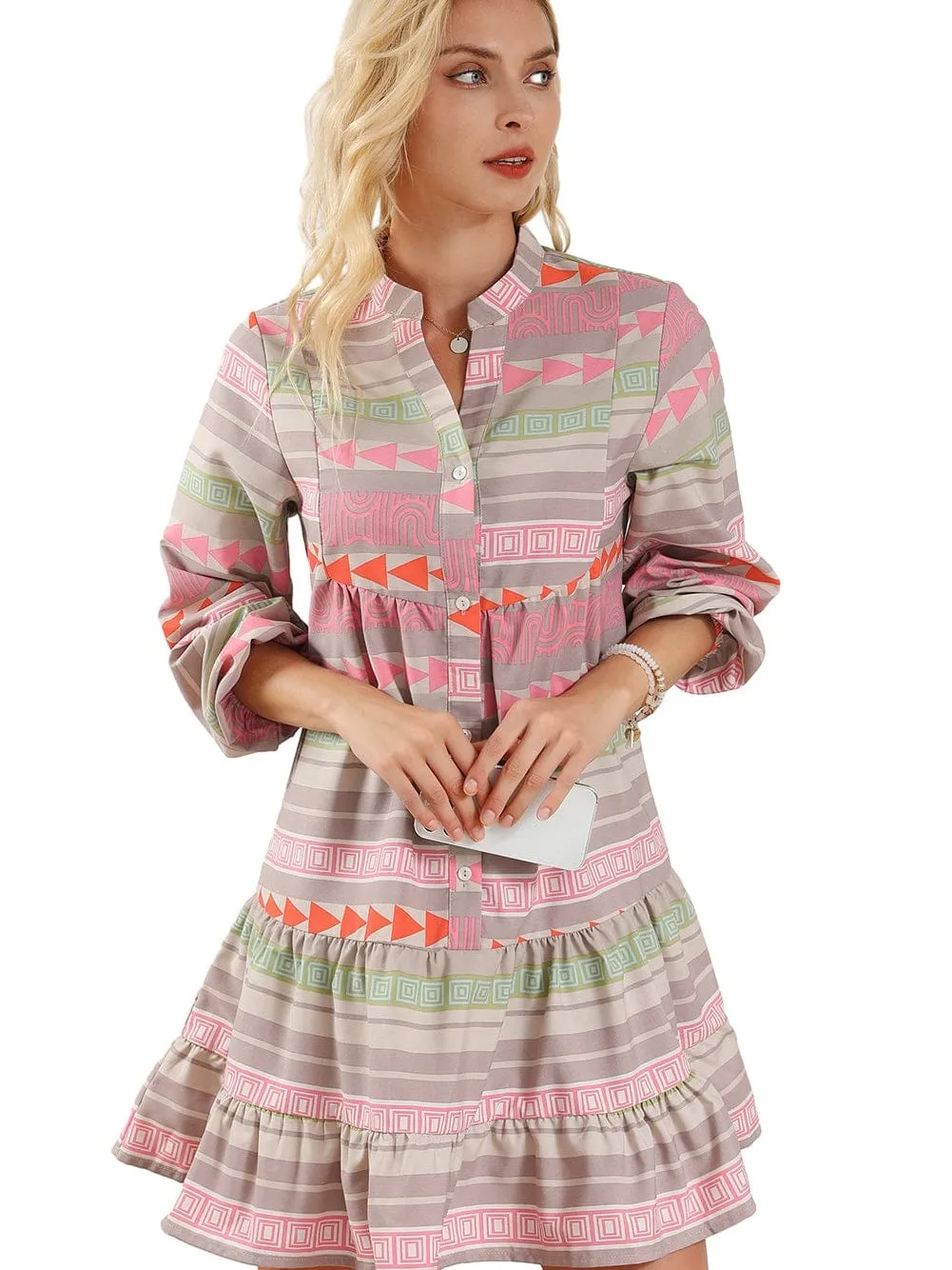 Bohemian Chic Multicolored Puff Sleeve Babydoll Dress