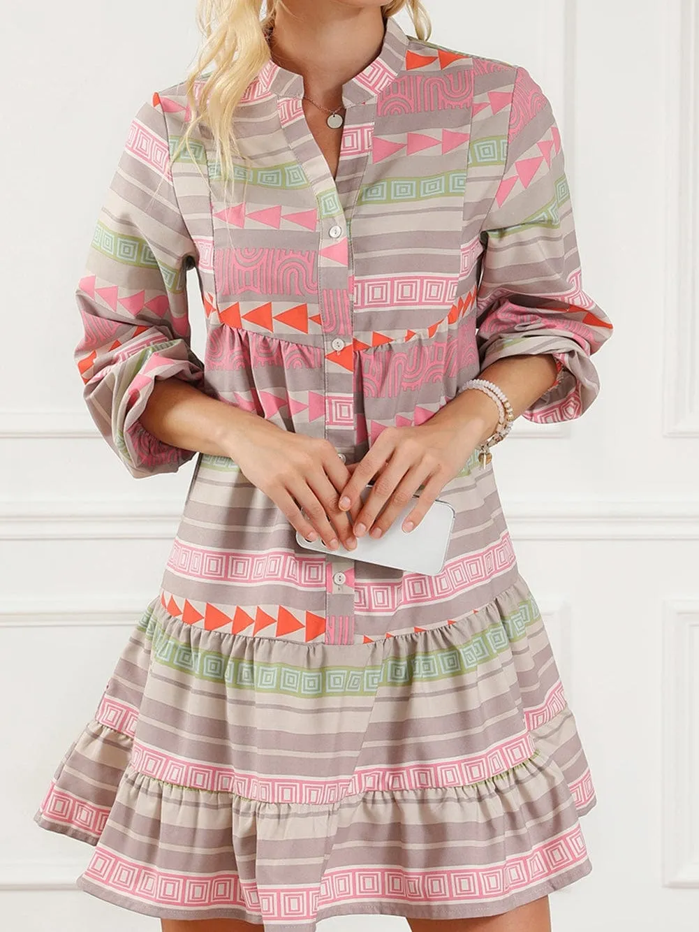 Bohemian Chic Multicolored Puff Sleeve Babydoll Dress
