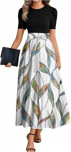 Boho Dresses for Women 2025 Trendy Short Sleeve Crew Neck Vintage Floral Print Flowy Maxi Dress, S-2XL