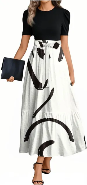 Boho Dresses for Women 2025 Trendy Short Sleeve Crew Neck Vintage Floral Print Flowy Maxi Dress, S-2XL