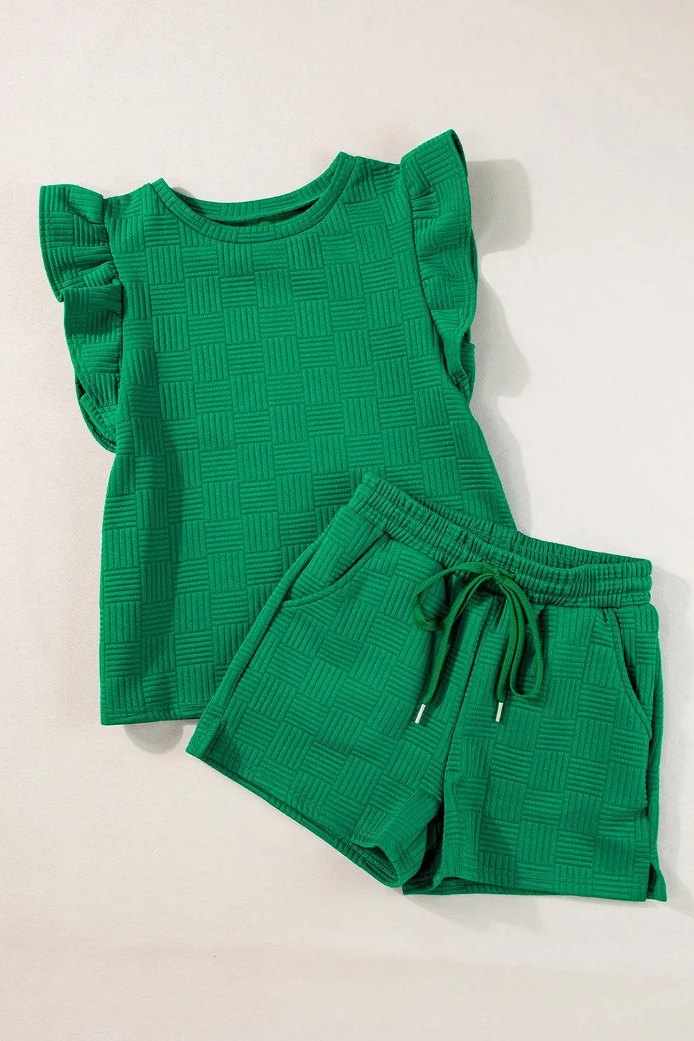 Bonbon Textured Ruffled Sleeve Tee and Drawstring Shorts Set