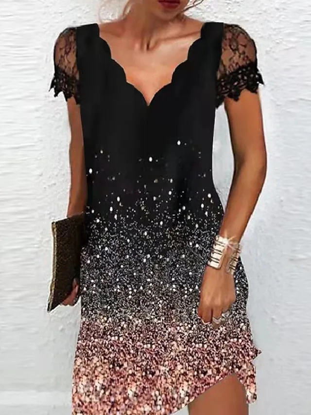 Casual Dress Shift Dress Midi Dress Red Blue Purple Short Sleeve Color Gradient Lace Spring Summer V Neck Fashion Daily Vacation Weekend  S M L XL XXL 3XL 4XL 5XL for Women