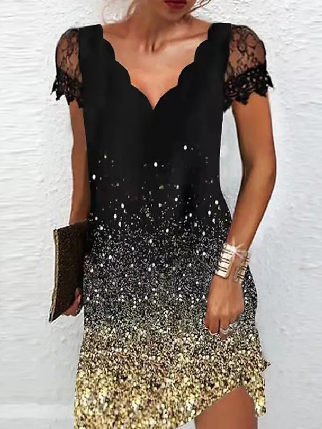 Casual Dress Shift Dress Midi Dress Red Blue Purple Short Sleeve Color Gradient Lace Spring Summer V Neck Fashion Daily Vacation Weekend  S M L XL XXL 3XL 4XL 5XL for Women