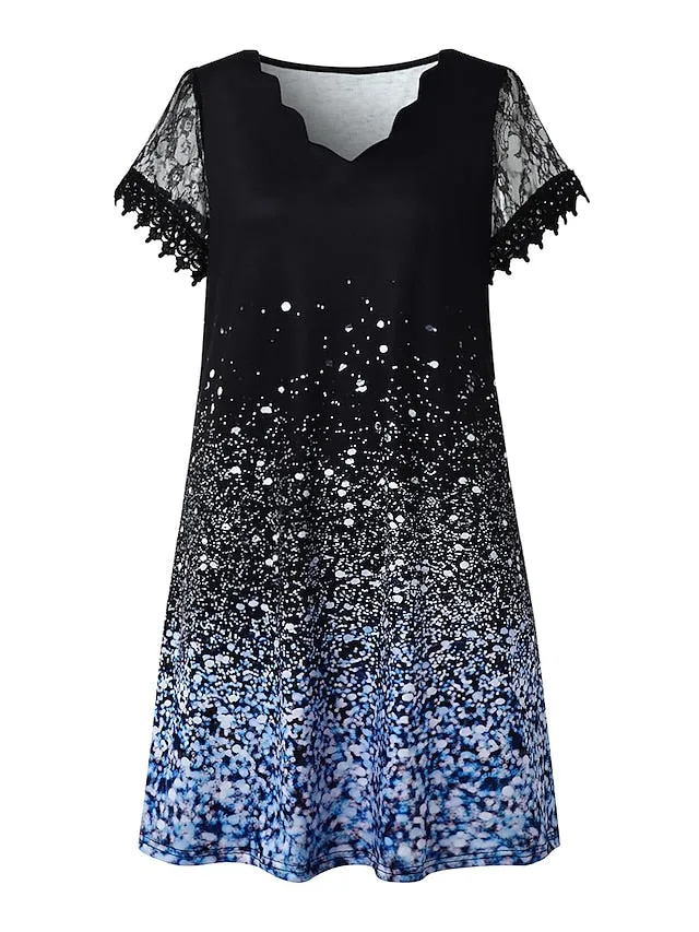 Casual Dress Shift Dress Midi Dress Red Blue Purple Short Sleeve Color Gradient Lace Spring Summer V Neck Fashion Daily Vacation Weekend  S M L XL XXL 3XL 4XL 5XL for Women
