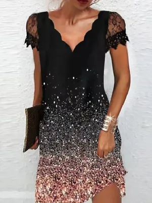 Casual Dress Shift Dress Midi Dress Red Blue Purple Short Sleeve Color Gradient Lace Spring Summer V Neck Fashion Daily Vacation Weekend  S M L XL XXL 3XL 4XL 5XL for Women