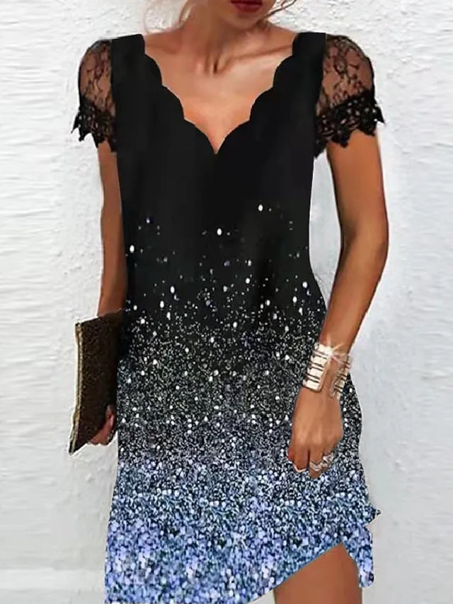 Casual Dress Shift Dress Midi Dress Red Blue Purple Short Sleeve Color Gradient Lace Spring Summer V Neck Fashion Daily Vacation Weekend  S M L XL XXL 3XL 4XL 5XL for Women